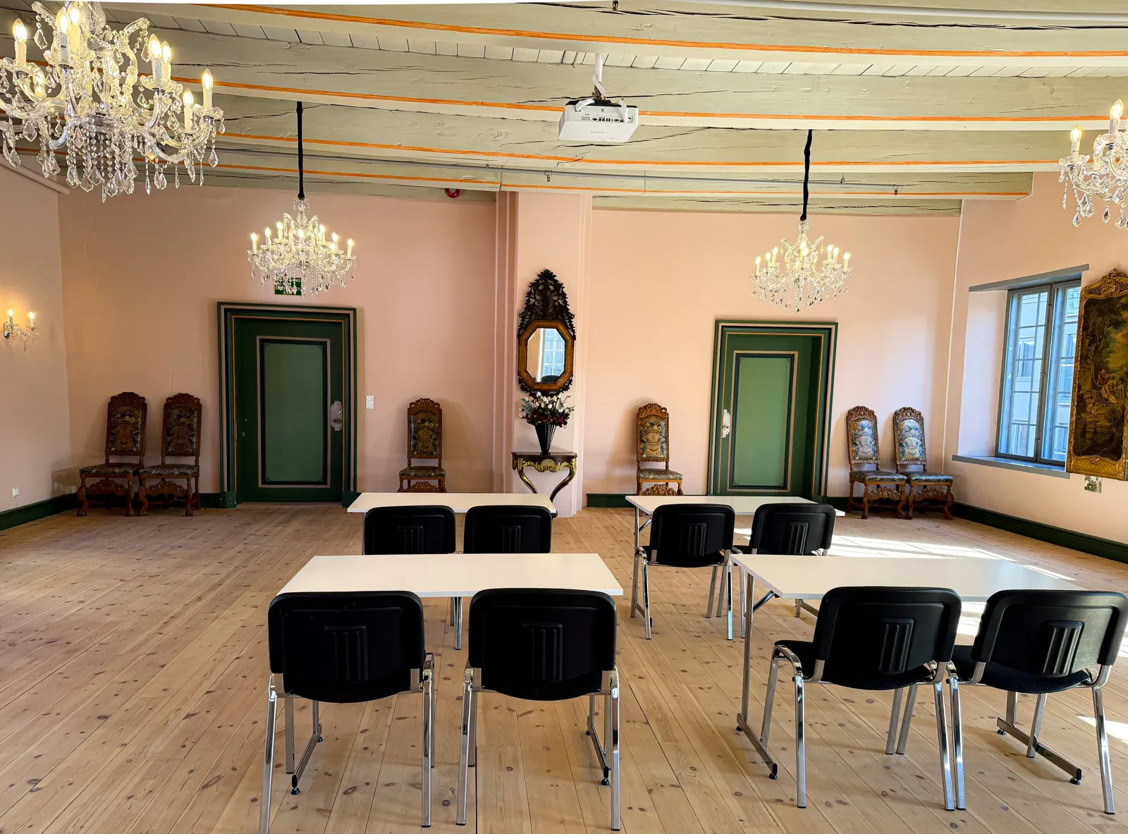 Et rom med bord og stoler