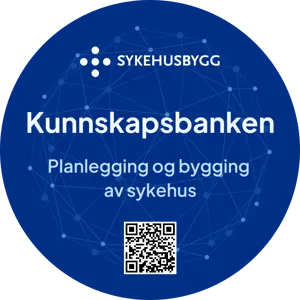 En blå sirkel med hvit tekst