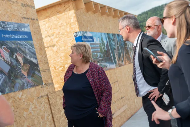 Statsministeren og tre andre ser på vegg med bilde