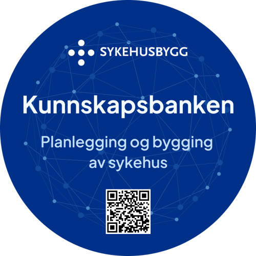 En blå sirkel med hvit tekst